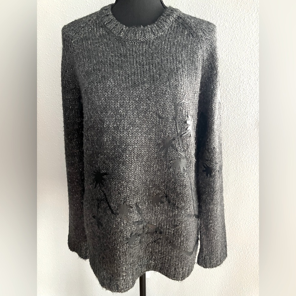 Mango Suit charcoal gray sweater with faux leather floral details size L